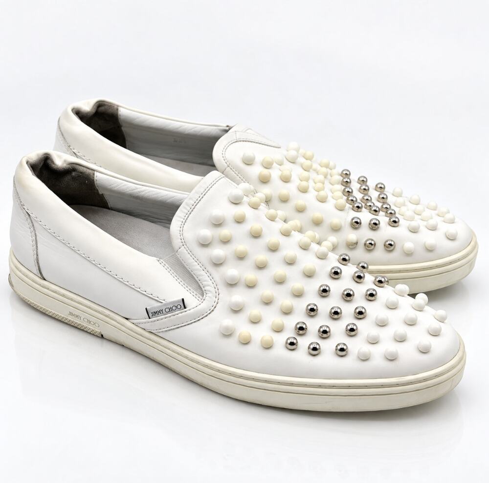 JIMMY CHOO Leather Studded Slip On Sneakers White Sz 44.5/US 11.5 $595